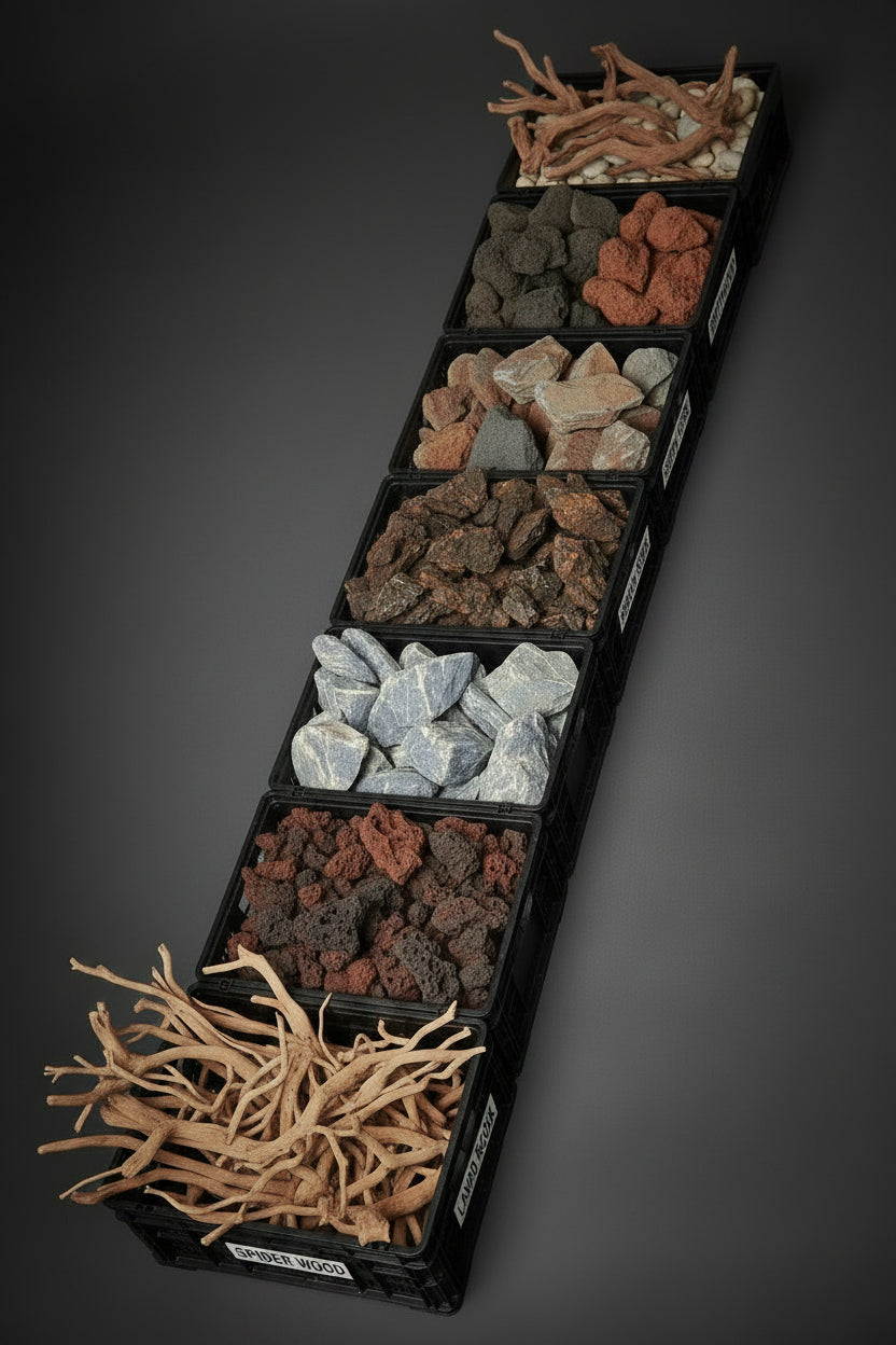 Hardscape collection - various rocks and driftwood in crates